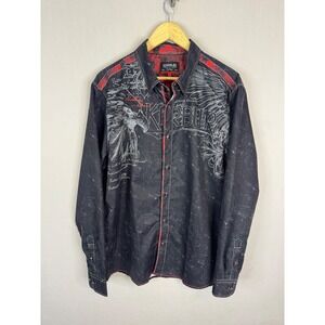Karbur Mens Long Sleeve Button Down Shirt Black Red Graphic Print Size XL